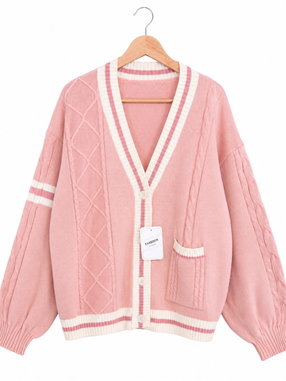 NWT Pink Cable Knit Varsity Cardigan | Oversized Preppy Cottagecore Sweater - Picture 2 of 10